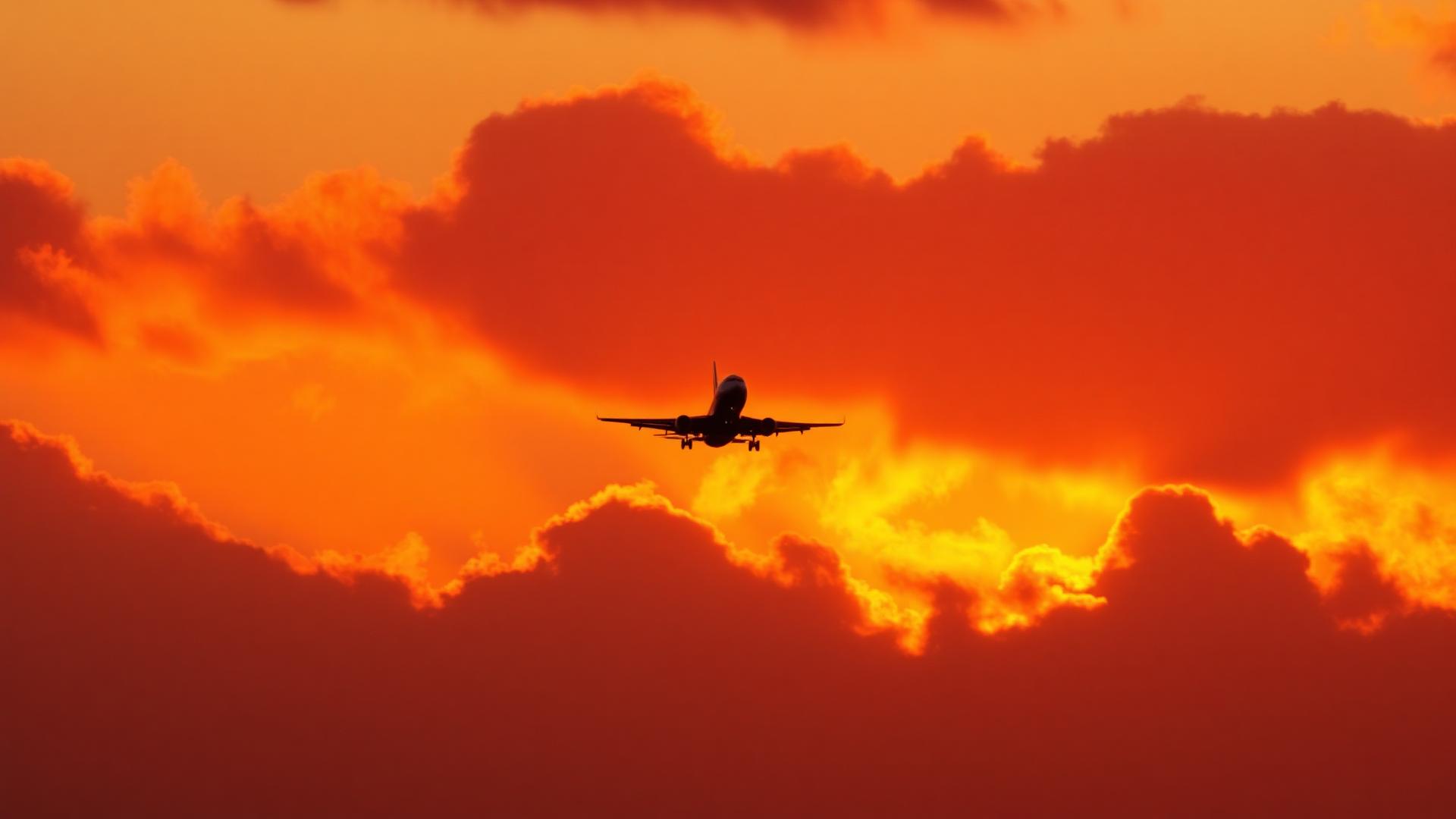 An aircraft flying home against a golden sunset sky